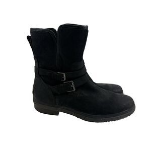 Ugg Simmens Boot Moto Black Leather Faux Fur Lined Zip Buckle 1008439 Womens 11